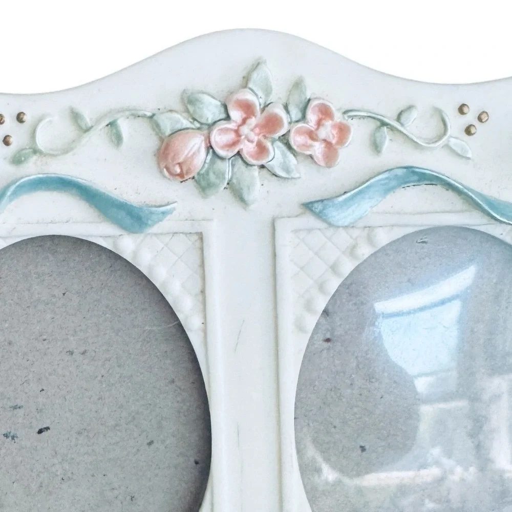 Bright Touches Vintage Double Oval Photo Frame White Floral Blue Bows 6.75x5